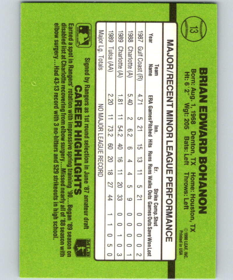 1990 Donruss Rookies #13 Brian Bohanon New RC Rookie Texas Rangers Image 2