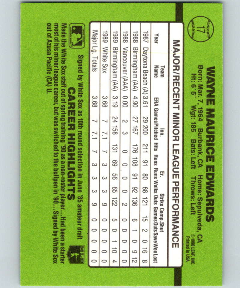 1990 Donruss Rookies #17 Wayne Edwards New RC Rookie Chicago White Sox Image 2