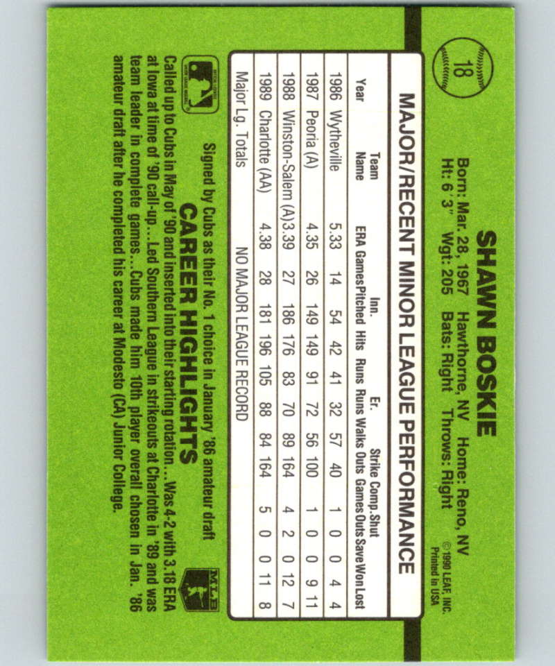 1990 Donruss Rookies #18 Shawn Boskie New RC Rookie Chicago Cubs Image 2