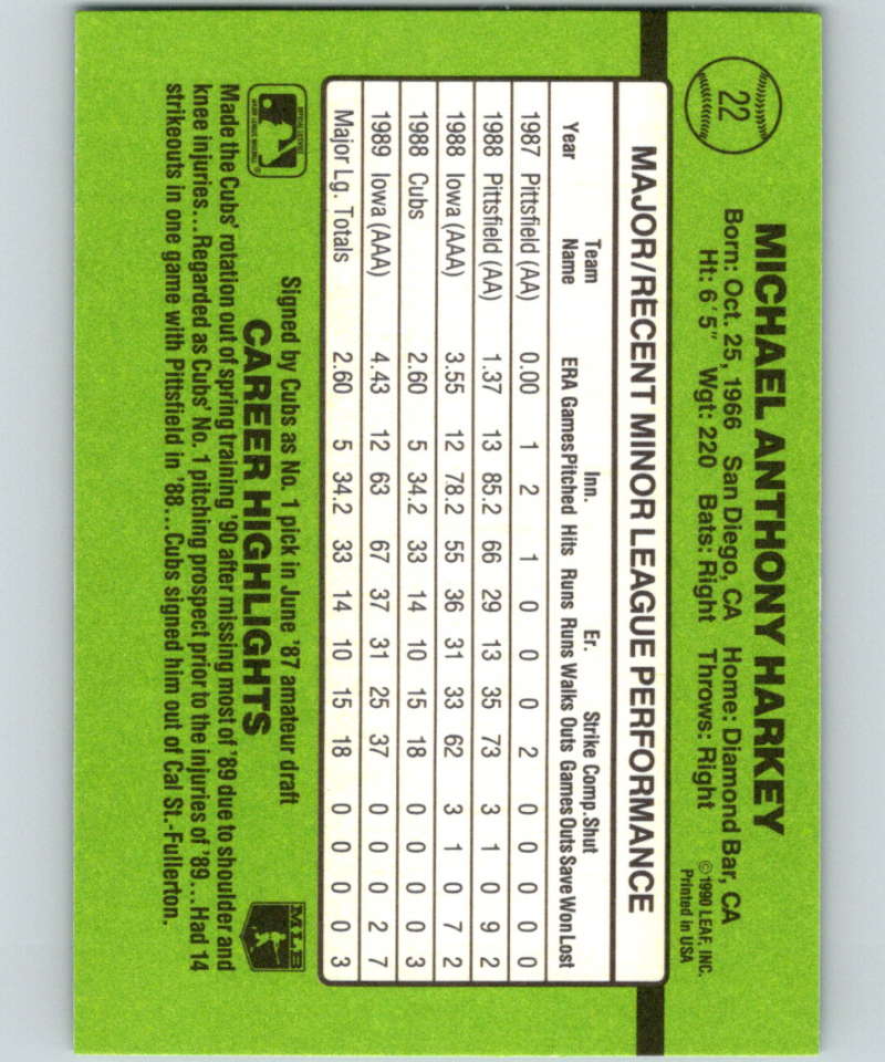 1990 Donruss Rookies #22 Mike Harkey New Chicago Cubs Image 2