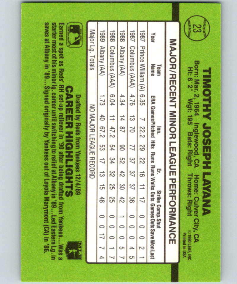 1990 Donruss Rookies #23 Tim Layana New RC Rookie Cincinnati Reds Image 2