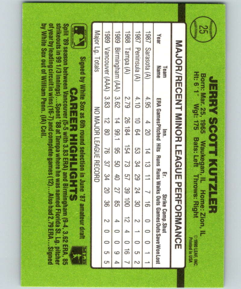 1990 Donruss Rookies #25 Jerry Kutzler New Chicago White Sox Image 2