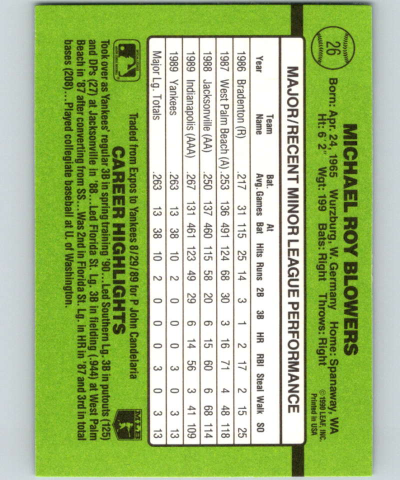 1990 Donruss Rookies #26 Mike Blowers New New York Yankees Image 2