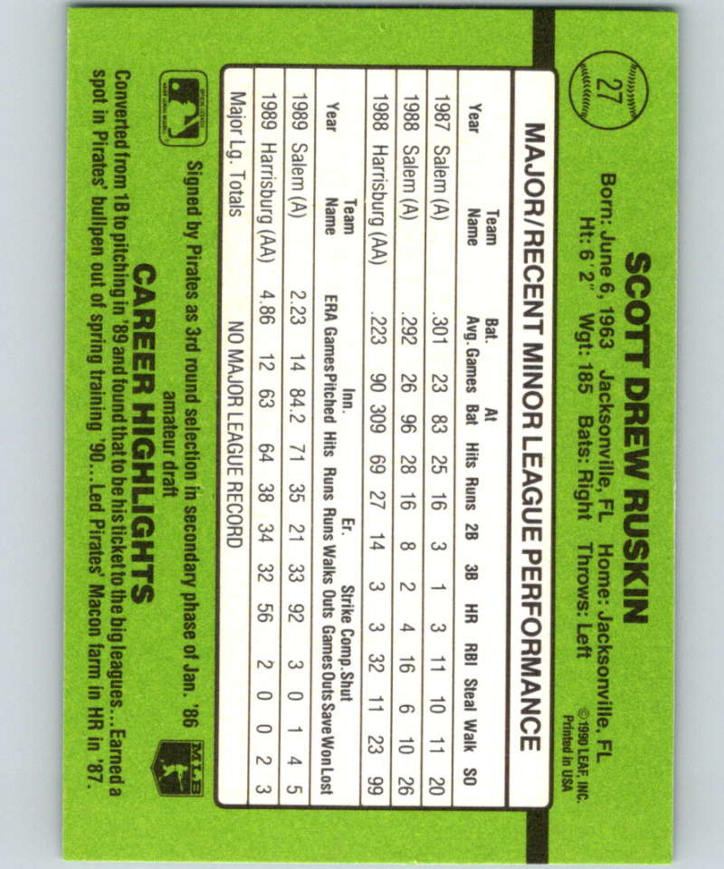 1990 Donruss Rookies #27 Scott Ruskin New RC Rookie Pittsburgh Pirates Image 2