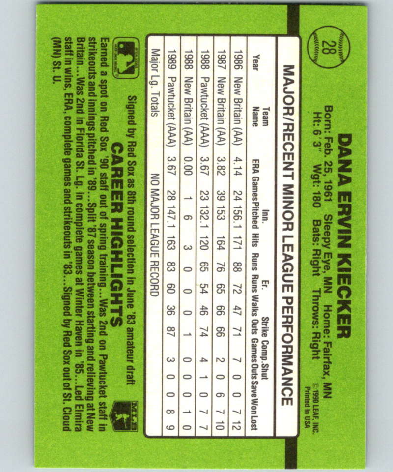 1990 Donruss Rookies #28 Dana Kiecker New RC Rookie Boston Red Sox Image 2