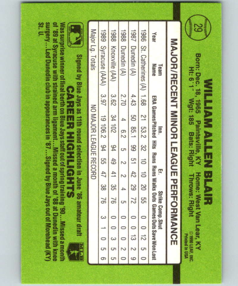 1990 Donruss Rookies #29 Willie Blair New RC Rookie Toronto Blue Jays Image 2