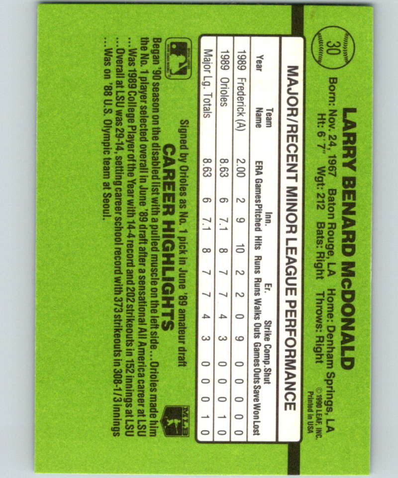 1990 Donruss Rookies #30 Ben McDonald New Baltimore Orioles