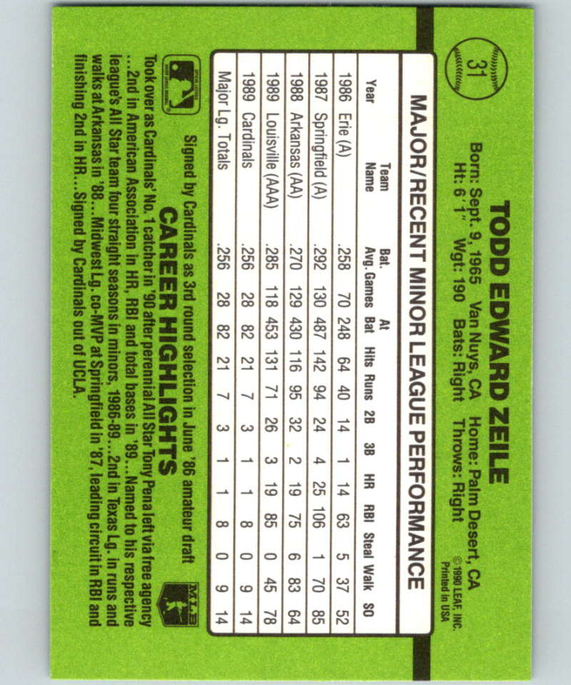 1990 Donruss Rookies #31 Todd Zeile New St. Louis Cardinals Image 2