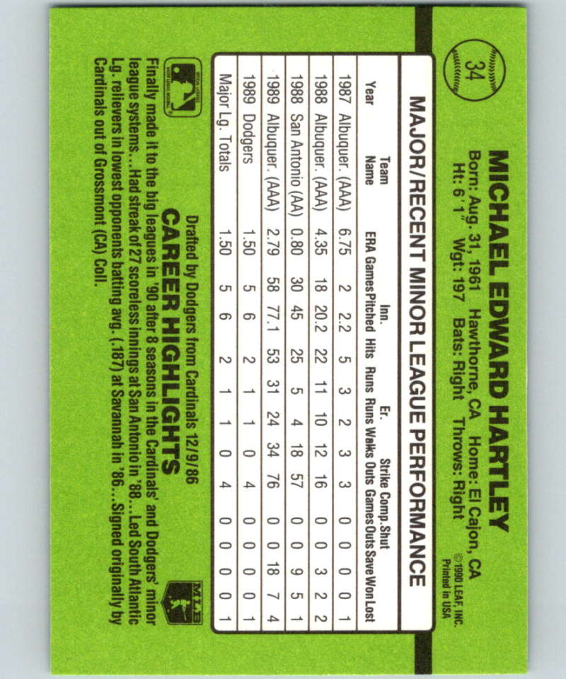 1990 Donruss Rookies #34 Mike Hartley New RC Rookie Los Angeles Dodgers Image 2