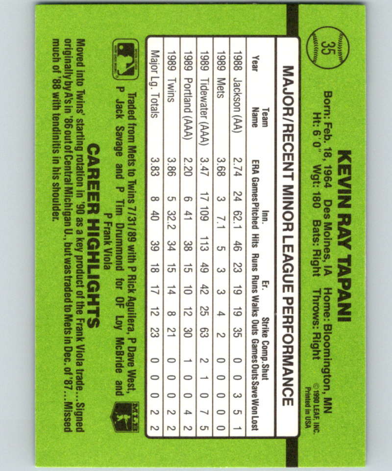 1990 Donruss Rookies #35 Kevin Tapani New Minnesota Twins Image 2