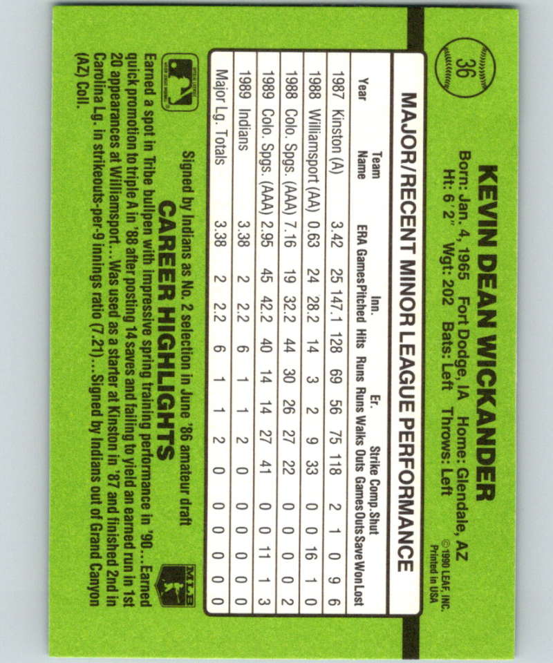 1990 Donruss Rookies #36 Kevin Wickander New Cleveland Indians Image 2