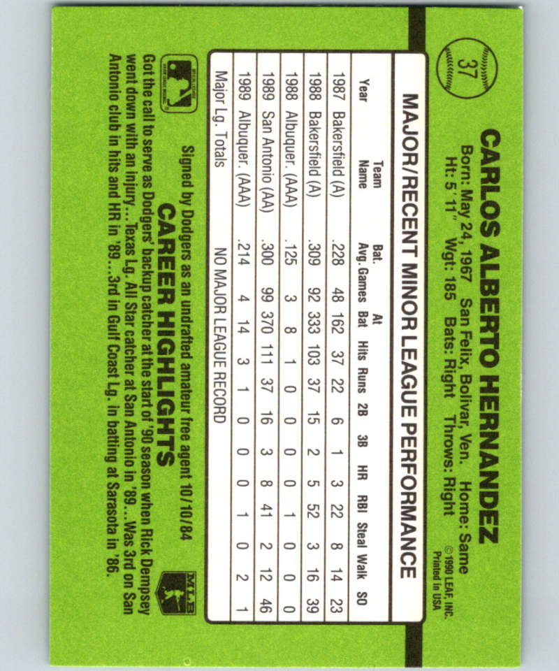 1990 Donruss Rookies #37 Carlos Hernandez New RC Rookie Los Angeles Dodgers Image 2
