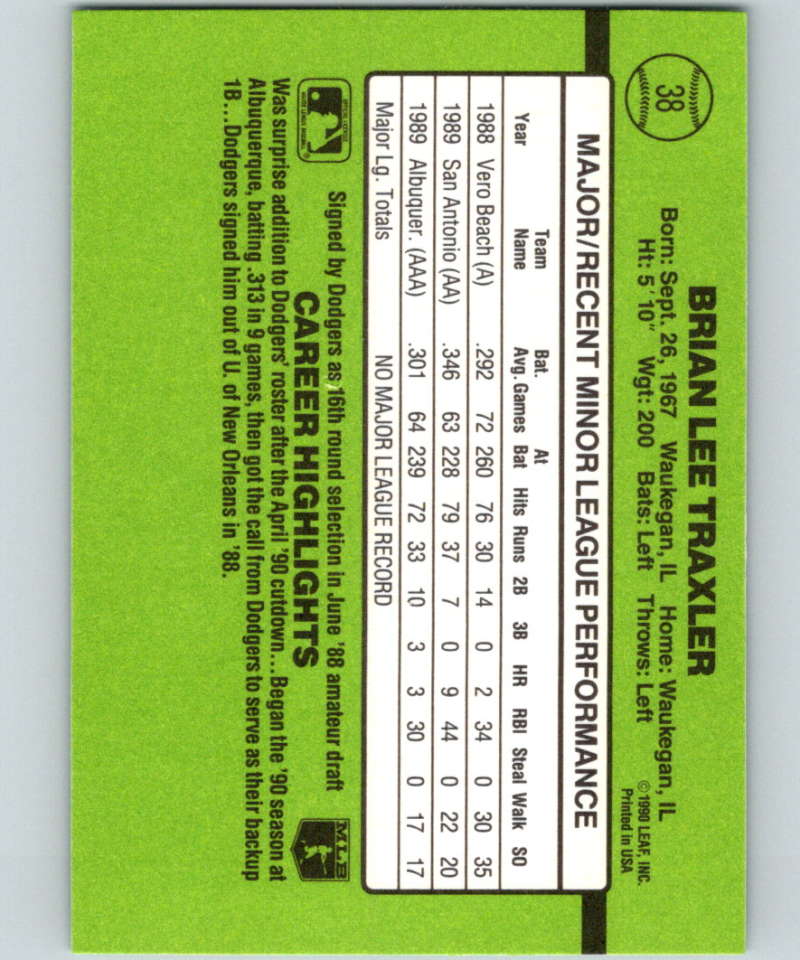 1990 Donruss Rookies #38 Brian Traxler New RC Rookie Los Angeles Dodgers Image 2