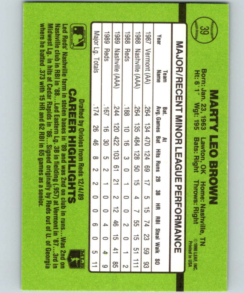1990 Donruss Rookies #39 Marty Brown New Baltimore Orioles Image 2