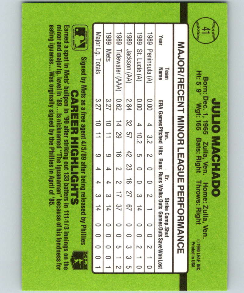 1990 Donruss Rookies #41 Julio Machado New New York Mets Image 2