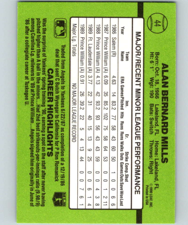 1990 Donruss Rookies #44 Alan Mills New RC Rookie New York Yankees Image 2
