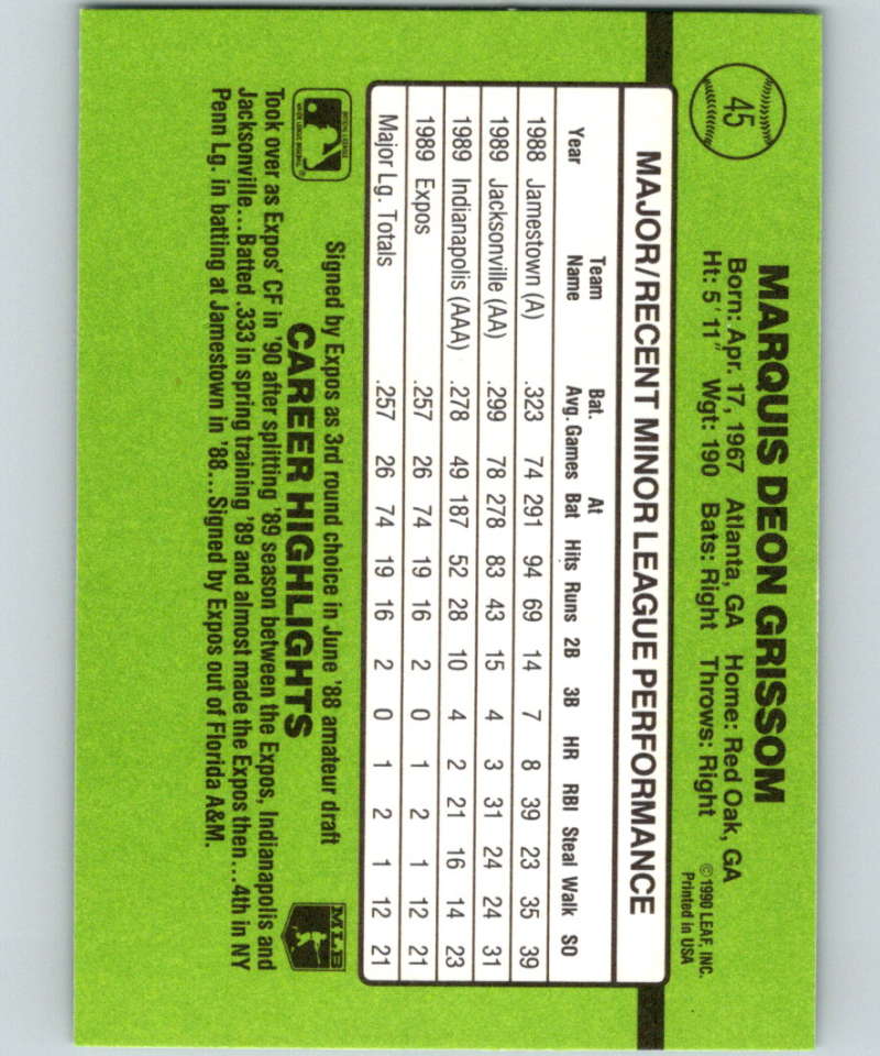 1990 Donruss Rookies #45 Marquis Grissom New Montreal Expos Image 2