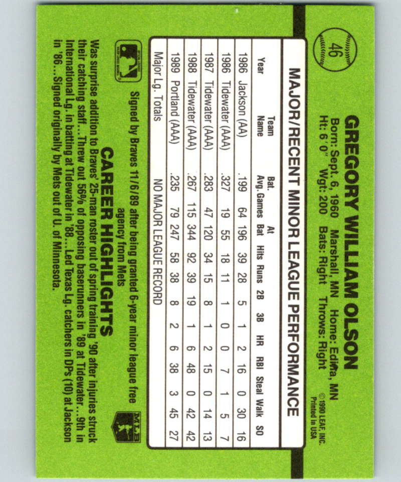 1990 Donruss Rookies #46 Greg Olson New RC Rookie Atlanta Braves Image 2