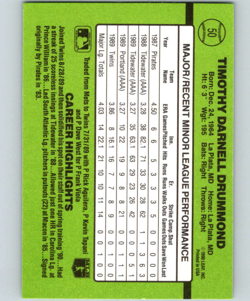 1990 Donruss Rookies #50 Tim Drummond New Minnesota Twins Image 2