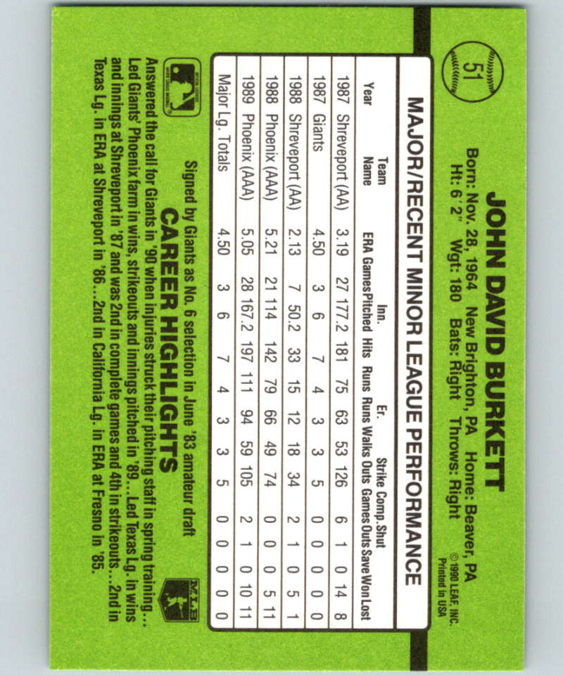 1990 Donruss Rookies #51 John Burkett New San Francisco Giants Image 2