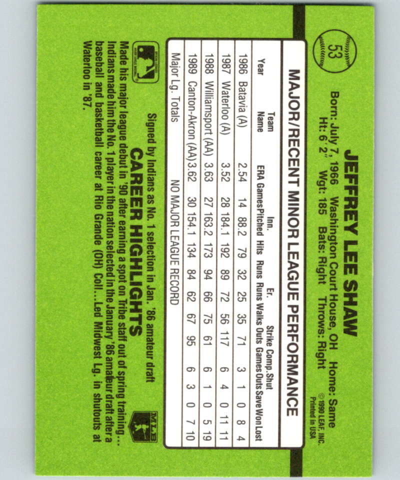 1990 Donruss Rookies #53 Jeff Shaw New Cleveland Indians Image 2