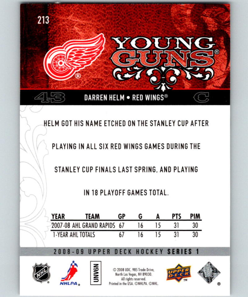 2008-09 Upper Deck #213 Darren Helm RC Rookie Wings YG Young Guns 06929
