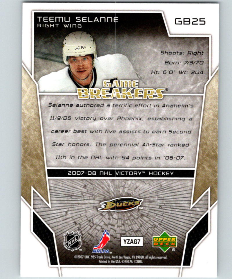 2007-08 Upper Deck Victory GameBreakers #GB25 Teemu Selanne MINT 05257
