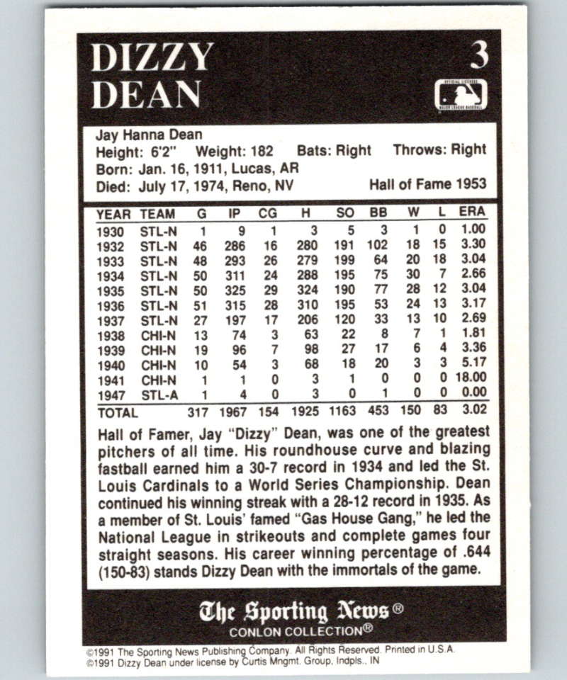 1991 Conlon Collection #3 Dizzy Dean HOF NM St. Louis Cardinals