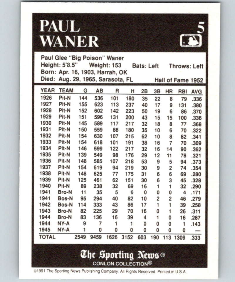 1991 Conlon Collection #5 Paul Waner HOF NM Pittsburgh Pirates Image 2