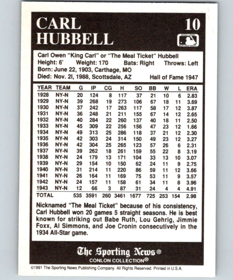 1991 Conlon Collection #10 Carl Hubbell HOF NM New York Giants