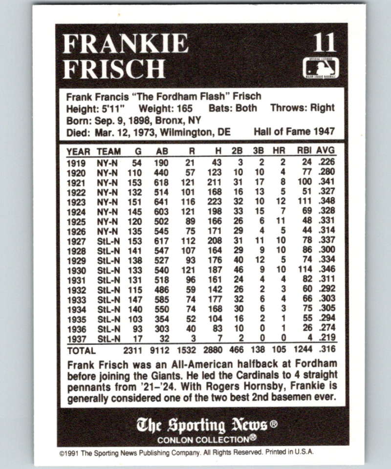 1991 Conlon Collection #11 Frankie Frisch HOF NM St. Louis Cardinals Image 2