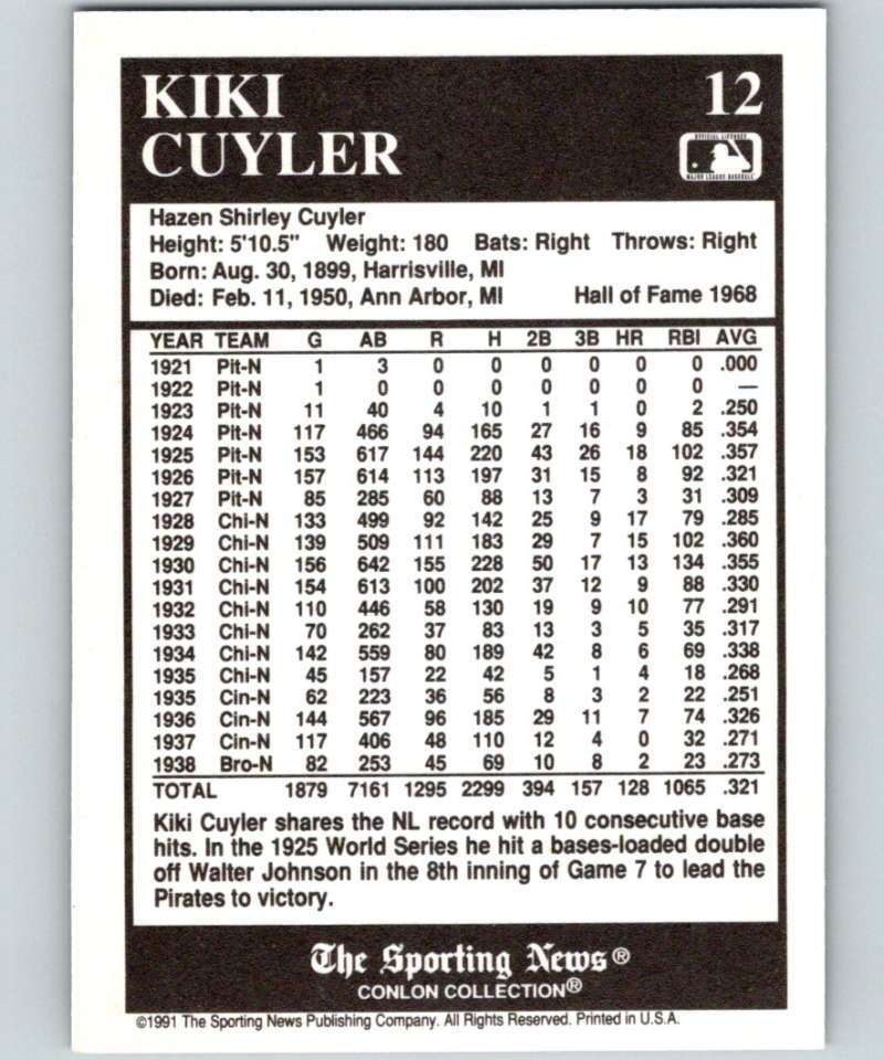 1991 Conlon Collection #12 Kiki Cuyler HOF NM Chicago Cubs Image 2