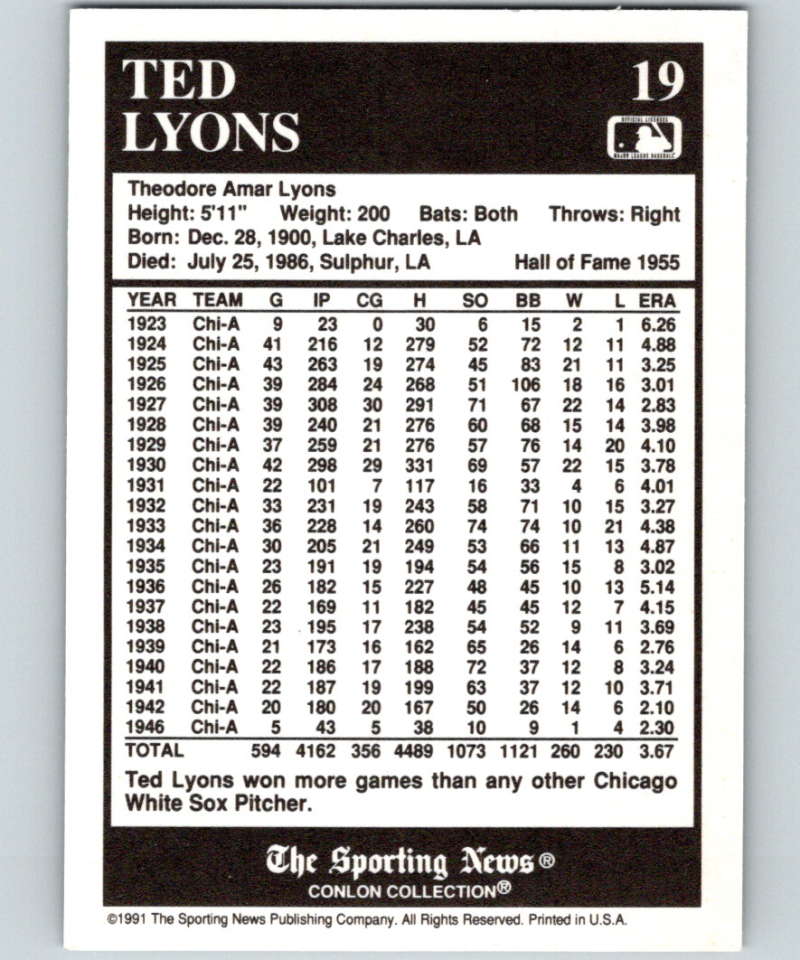 1991 Conlon Collection #19 Ted Lyons HOF NM Chicago White Sox  Image 2