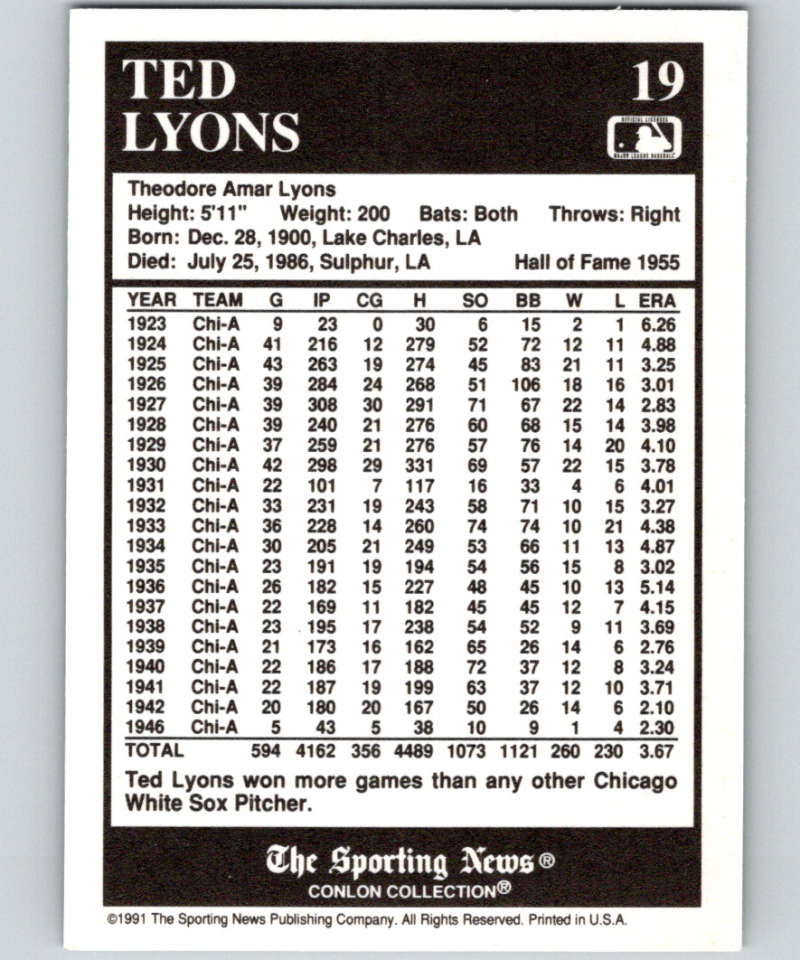 1991 Conlon Collection #19 Ted Lyons HOF NM Chicago White Sox Image 2