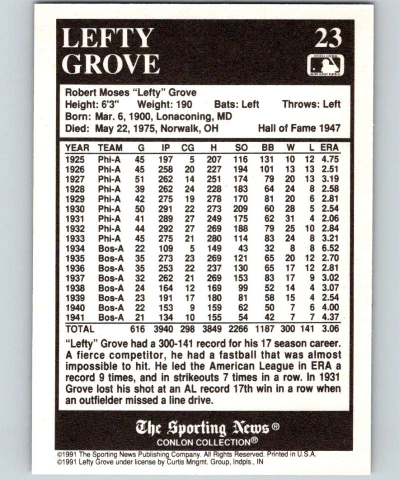 1991 Conlon Collection #23 Lefty Grove HOF NM Philadelphia Athletics  Image 2