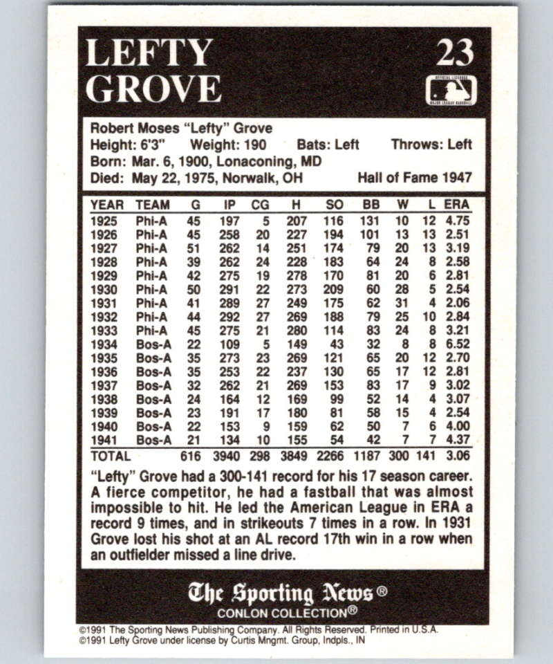 1991 Conlon Collection #23 Lefty Grove HOF NM Philadelphia Athletics Image 2