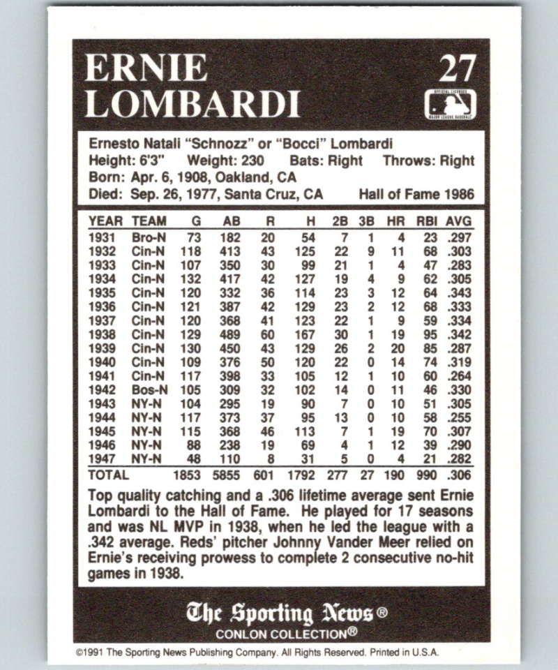 1991 Conlon Collection #27 Ernie Lombardi HOF NM Cincinnati Reds Image 2