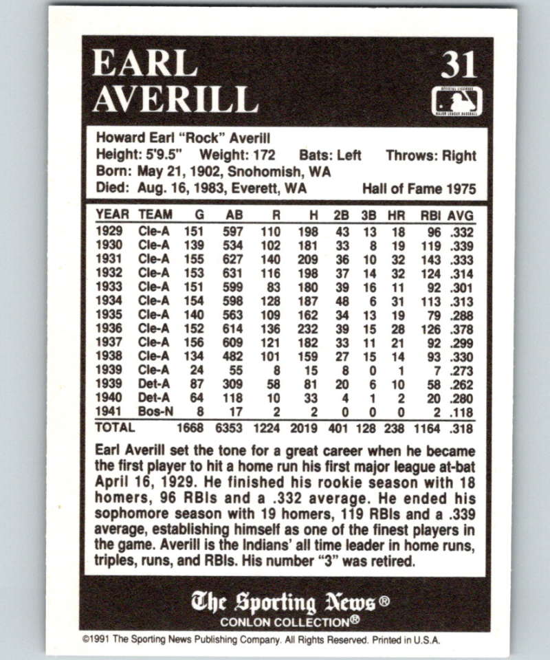 1991 Conlon Collection #31 Earl Averill HOF NM Cleveland Indians  Image 2