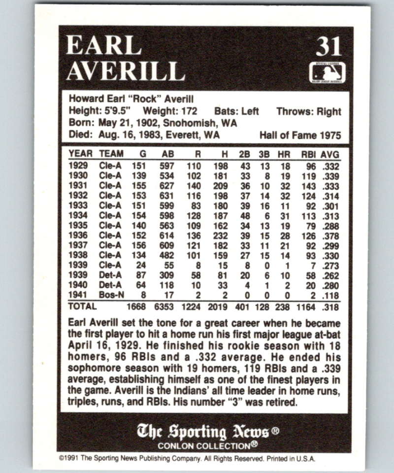 1991 Conlon Collection #31 Earl Averill HOF NM Cleveland Indians Image 2