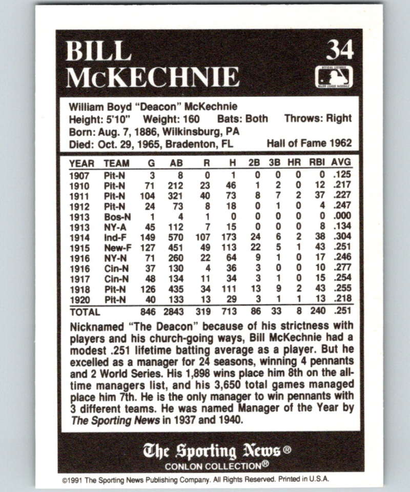 1991 Conlon Collection #34 Bill McKechnie HOF NM St. Louis Cardinals Image 2