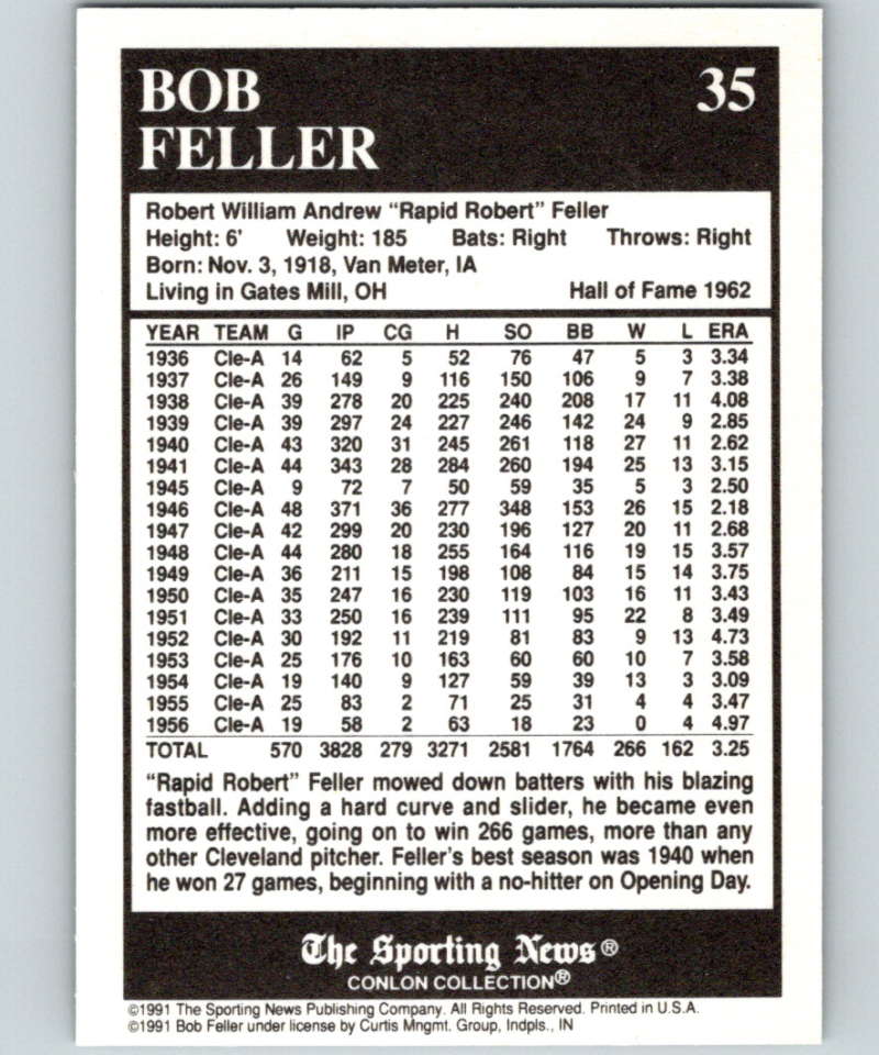 1991 Conlon Collection #35 Bob Feller HOF NM Cleveland Indians
