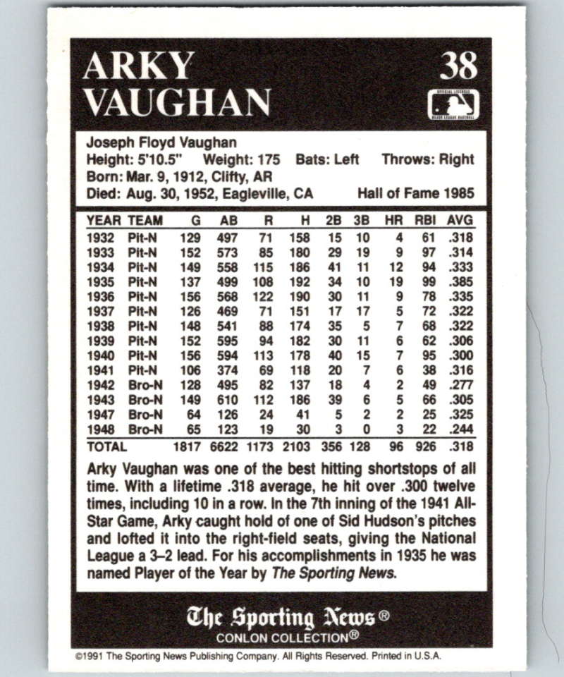 1991 Conlon Collection #38 Arky Vaughan HOF NM Pittsburgh Pirates Image 2