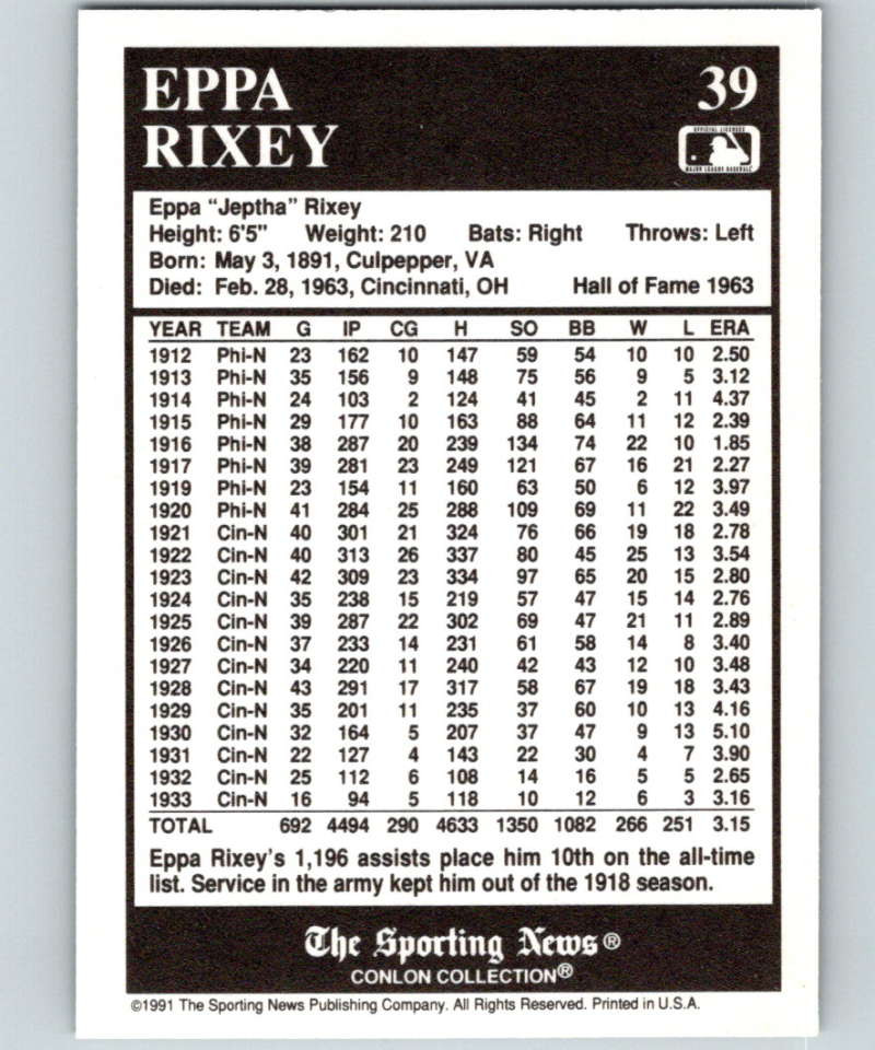1991 Conlon Collection #39 Eppa Rixey HOF NM Cincinnati Reds Image 2