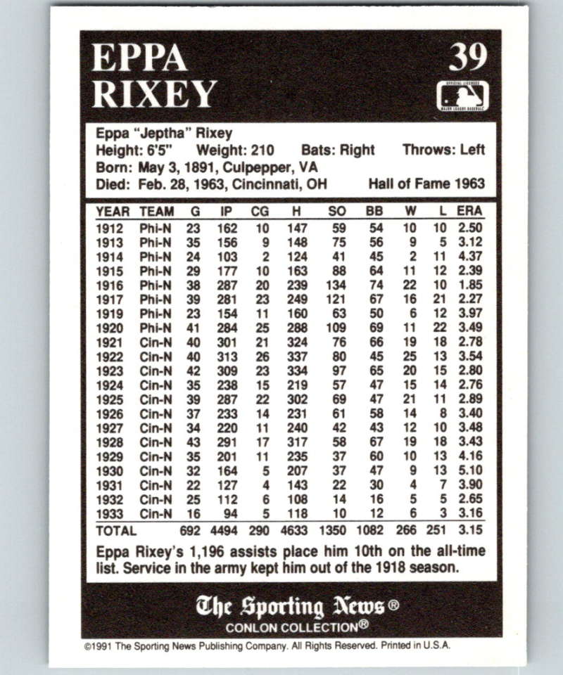 1991 Conlon Collection #39 Eppa Rixey HOF NM Cincinnati Reds  Image 2