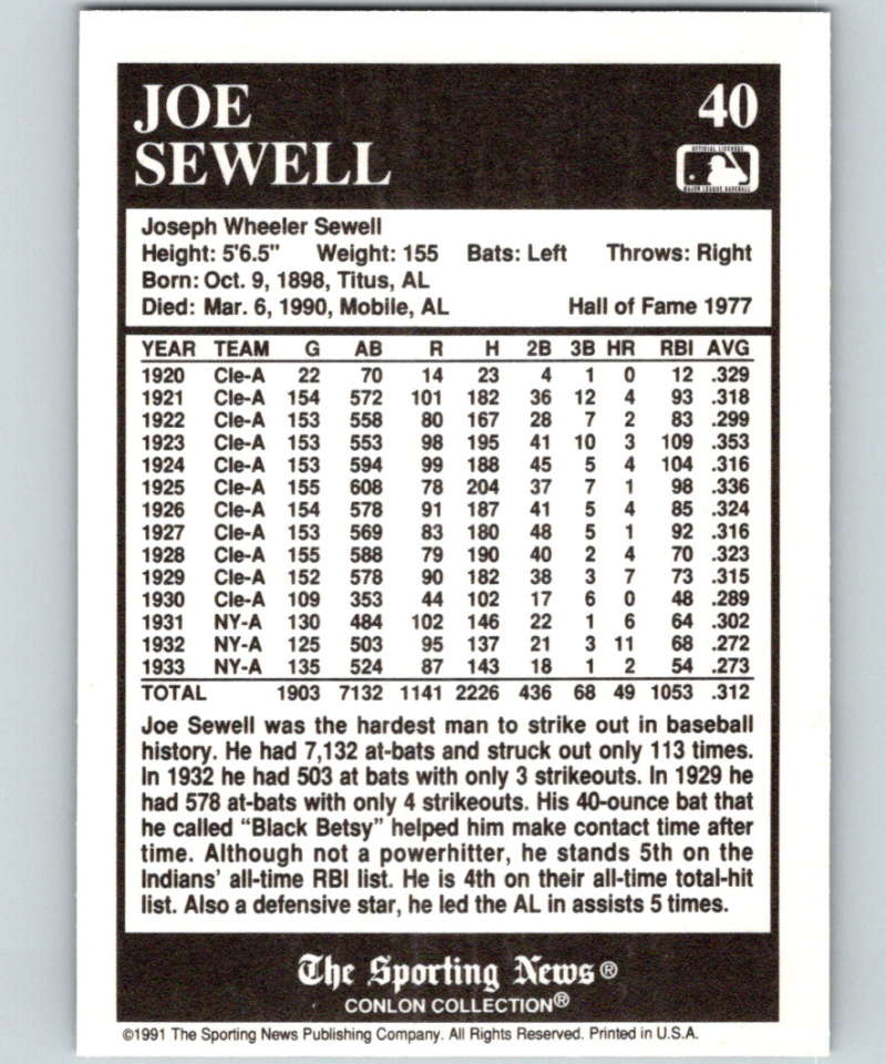 1991 Conlon Collection #40 Joe Sewell HOF NM Cleveland Indians Image 2