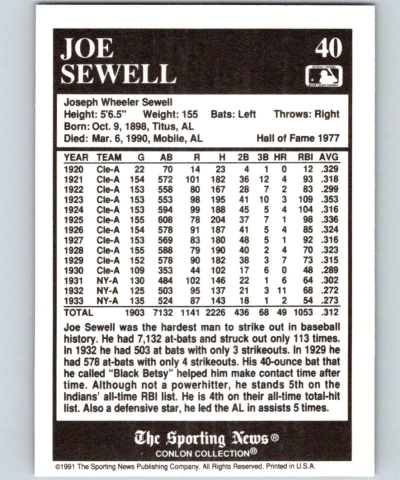 1991 Conlon Collection #40 Joe Sewell HOF NM Cleveland Indians  Image 2
