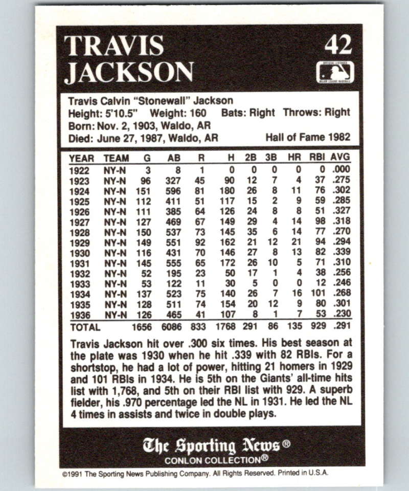 1991 Conlon Collection #42 Travis Jackson HOF NM New York Giants Image 2