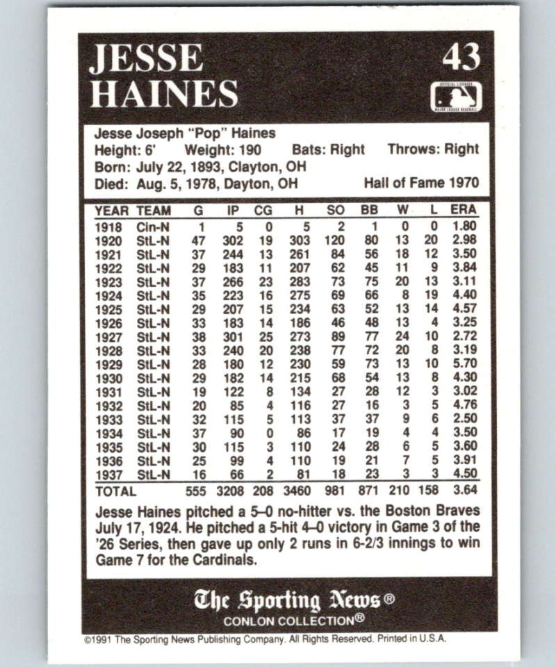 1991 Conlon Collection #43 Jesse Haines HOF NM St. Louis Cardinals  Image 2