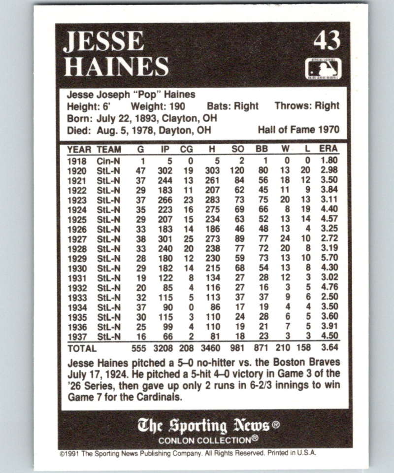 1991 Conlon Collection #43 Jesse Haines HOF NM St. Louis Cardinals Image 2