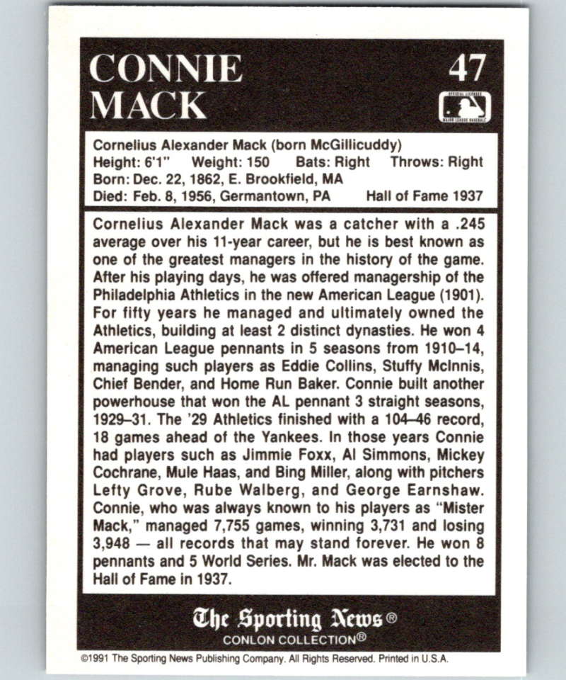 1991 Conlon Collection #47 Connie Mack HOF NM Philadelphia Athletics Image 2